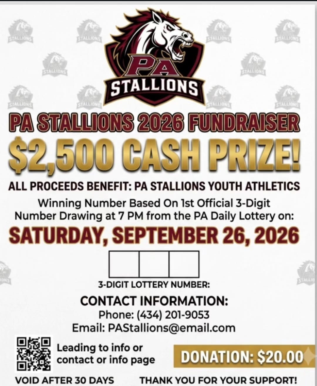 PA Stallions 2026 fundraiser flyer for the $2,500 cash prize raffle