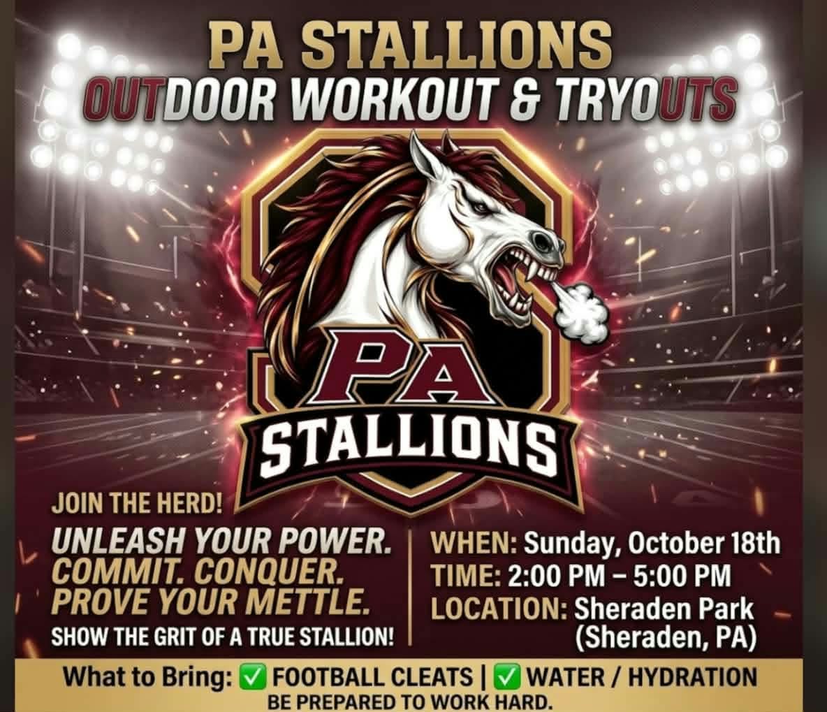 PA Stallions Outdoor Workout and Tryouts event flyer with date, time, location, and what to bring